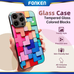 FONKEN Colorful Building Blocks Phone Case Soft Edges Tempered Glass Back Full Cover Compatible for iPhone 16 Series Case