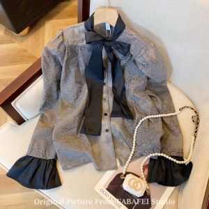 Gray Original Single Butterfly Knot Belted Shirt Womens Fall High-End Bell Sleeve Embroidered Top Straight Tube Bubble Sleeve