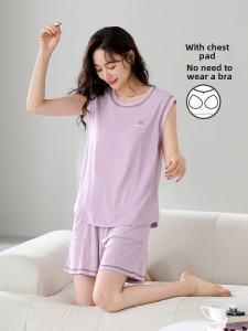 ชุดนอนผ้าไหมน้ำแข็งแบบมีแผ่นรองหน้าอกสำหรับผู้หญิงในช่วงฤดูร้อน ชุดนอนแบบบางแขนกุด ชุดนอนผ้าโมดอล 2025 ใหม่