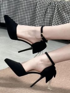 Summer 2025 New Elegant Butterfly Knot Pointed Toe High Heels Womens Thin Heel Black Color Glittering Waterproof Platform Shoes