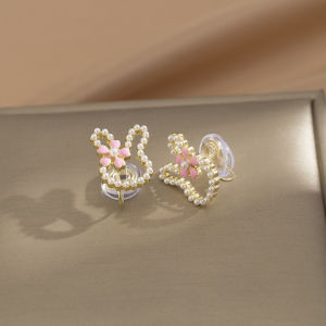 Pain-Free No-Piercing Pink Sakura Pearl Rabbit Ear Studs Cute Gentle Fashion Jewelry Womens Alloy Silver Gold Plated Accessories