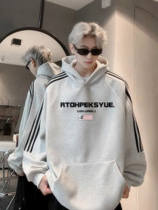 เสื้อสเวตเตอร์คอกลมแขนยาวทรงหลวมสไตล์อเมริกันย้อนยุคสำหรับผู้ชาย ผ้าฝ้ายแท้ 3 แถบ หนา อบอุ่น ใส่ได้ตลอดทั้งปี