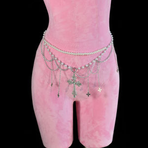 Stylish Spice Girl Pearl Metal Fringed Cross Belly Chain Versatile Belt Dress Accessories Body Chain