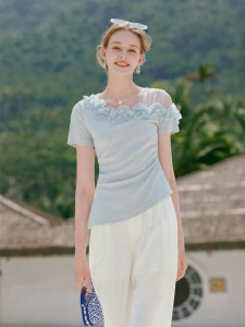 XIANGYING | Lace and Mesh Lace-up Peplum Waist Short Sleeve Top