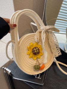 Handwoven Cotton Beach Bag Womens Fashionable 2025 New Style Small round Basket Handbag for Daily Use And Office