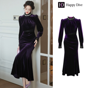 Happy Diva เดรสผู้หญิง เดรสสีม่วง เดรสหางปลา เดรสกำมะหยี่ เดรสทำงาน เดรสไฮโซ เดรสวินเทจ เดรสออกงาน เดรสปาร์ตี้ ชุดราตรี 45046