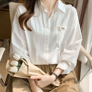 Womens Pure Cotton Long Sleeve White Shirt Loose Outerwear Inner Wear Layering 2025 New Autumn Korean Style Loose Coat