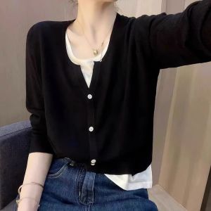 Elegant False Two-Piece Knitted Top Stripe Long Sleeve