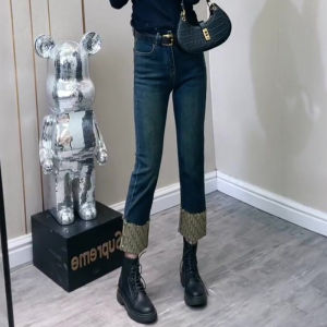 Korean Style Patchwork Slim Fit Nine-Piece Denim Jeans Womens High Waist Straight Leg Retro Pants Autumn New Arrival