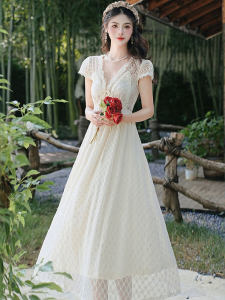 Elegant V-Neck Waist-Cinched Fairy Dress Gentle Style Short Sleeve Womens Summer Dress Moisture-Wicking A-Line Silhouette