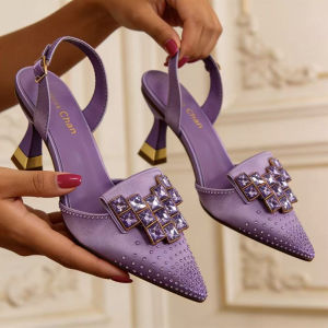 Luxury Olive Green Rhinestone Pointed-Toe Pumps Women’s Purple High Heels Shoe for Parties and Weddings