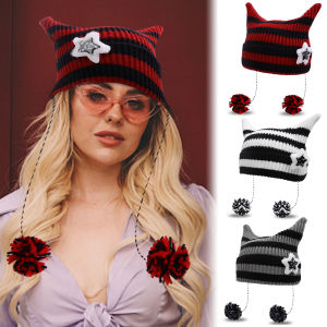 【♡Lovely girls house♡】Cute Devil Knitting Striped Beanie Hat Autumn Winter Knitted Wool Caps Cat Ears Hats for Women