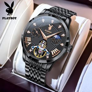 PLAYBOY® Mens Automatic Skeleton Mechanical Watch -Waterproof Black Dial with Rose Gold Roman Numerals & Diamond Markers Skeletonized Movement Revealing Blue Sapphire Gear Train | Fashion Stainless Strap