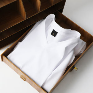 Summer Mens T-Shirt Silk Cotton Loose Short Sleeve V-Neck Breathable Cool Feeling Casual Pure Color Lekei 2023 New Arrival