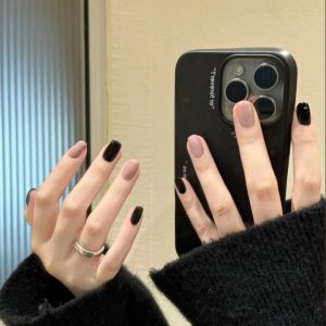 Handmade Short Wearable Fake Nails Pure Color Cool Black Milk Tea Color White Enhancing Simple High-End Feeling Nail Art Stickers