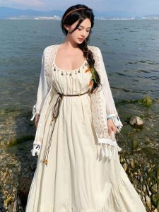 ชุดเดรสยาวคอตั้งปักลายโบฮีเมียนสไตล์วันหยุด กระโปรงทรงเอเอวสูง แขนยาว 7 นิ้ว ชุดเดรสหวานๆ สำหรับเด็กผู้หญิงวัย 18-39 ปี