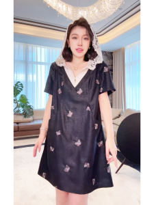 Comfortable Long ME【Sandalwood Silk Flower Butterfly Skirt】Crack Pattern Sandalwood Silk Slimming A-Line Dress MESS5436