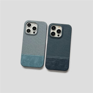 Premium Denim Blue Cotton Linen Half Wrap Leather Phone Case for Apple 13 12 Compatible with iPhone 14 Protective Cover