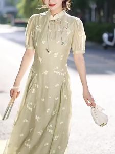 High End Elegant Cheongsam Style Floral Print Dress