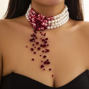 IngeSight.Z Multilayer Imitation Pearl Necklace For Women Gothic Drop Oil Red Crystal Tassel Choker Necklace Halloween Jewelry