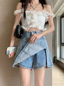 กระโปรงยีนส์ขาสั้นเอวสูงสำหรับผู้หญิง ฤดูร้อน 2025 กระโปรงยีนส์ทรงเอเอวสูงใหม่ ป้องกันแสง กระโปรงสั้นครึ่งตัว