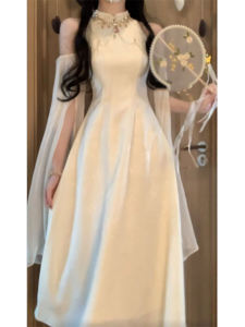 Váy Dài Phong Cách Trung Hoa Thanh Lịch Tinh Tế Váy Mùa Hè 2025 Mới Về Váy Dự Tiệc Không Tay Màu Trơn Váy Dài