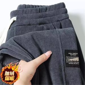 Thickened Corduroy Mens Casual Sports Pants Autumn Winter Warm Fleece Lined Loose Fit Comfortable Polyester Fiber