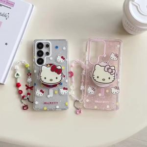 Sanrio | Magnetic Glitter Color Wave Point KT Head Phone Case for Samsung Galaxy S23 Ultra S24 S25 FE S26 Plus Ultra Hard Phone Cover
