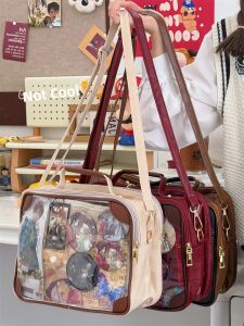 Cute School Girl Style JK Uniform Crossbody Bag Bicolor Soft Square Bag Daily Use PU Material Cartoon Pattern Medium Size