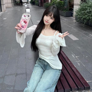 BINKAFENNY | White Bell Sleeve Hollow Knitted Long Sleeve T Shirt Women Autumn Waist Cinching Rope Drawstring Midi Length Shoulder Baring Top