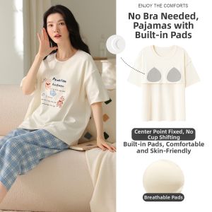 MiiOW | Cotton Padded Bust Summer Short Sleeve Sleepwear with 3/4 Length Pants Wearable at Home