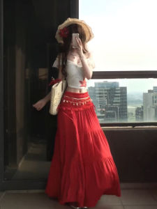 Stunning Holiday Island Summer Spicy Girl One Shoulder Short Sleeve Bustier Top Pleated Skirt Set Draping Elegant Swinging