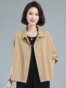 Pure Cotton Casual Outerwear Spring Autumn Large Size Womens Jacket Mom Style 40 Years Old Elegance Small Size Windbreaker Thin