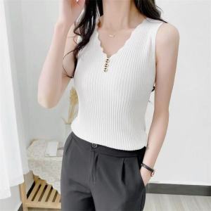 Ice Silk Sleeveless Vest Women Summer Outerwear Loose Korean Version Short V-Neck Knitted Base Shirt Top Button Style Commute