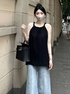 plus Size Black Hanging Neck Vest Womens Inner Wear Outerwear Summer Loose Meat Concealing Sleeveless Top Princess Style Commute Loose Fit
