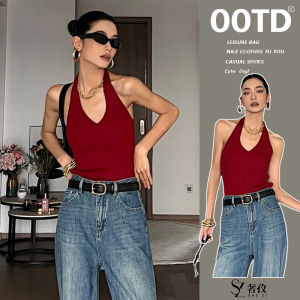 Áo Len Dệt Kim Không Tay Cổ Chữ V Hở Lưng Gợi Cảm Màu Đỏ Cho Nữ Mùa Hè Phong Cách Mới Áo Chui Đầu Ôm Vừa Vặn