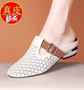 Womens Genuine Leather round Toe Slippers Summer 2024 Breathable Open-Toe Sandals Thick Heel Hollow out Belt Casual Shoes