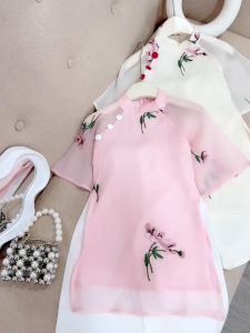 Áo dài cho bé gái 2 màu thêu hoa kèm quần trắng áo dài bé gái sz 10-35kg