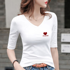 White Silm Half Sleeve T-Shirt Womens Pure Cotton Summer and Autumn New Half Length Chicken Collar Bottoming Shirt 3/4 Sleeve V-neck Tops
