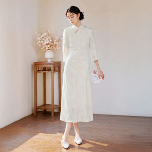 XIANGYING | New Chinese Style Womens Dress White Pearl Button Flower Embroidery