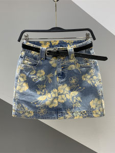 Fashionable Printed Anti-Light Summer 2025 Denim Short Skirt Womens Slimming A-Line Mini Skirt High Waist Cotton Blend Skirt