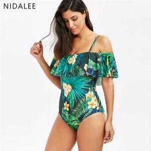 Vida Off Shoulder One Piece Swimsuit Tropical Floral Tropical Leaf Ruffle Swimsuit Cute Simple Bikini Korean One Piece Bathing Suit Women Swimwear Summer Outfit
