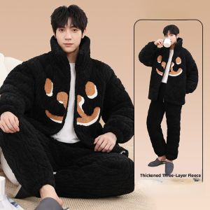 miiow | Mens Thickened Coral Fleece Pijama Set With Cotton Middle Layer Long Sleeve Zipper Closure Leisure Home Clothes For Youth