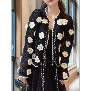 QINGNAER | Vintage French Crochet Knit Cardigan Unique Sweater Jacket XL