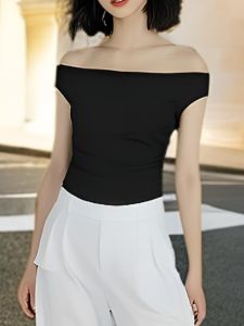 เสื้อยืดแขนสั้นผู้หญิงสีดำ ทรงเข้ารูป ดีไซน์เก๋ไก๋ ผ้าถัก คอวี แขนสั้น แฟชั่นฤดูร้อน สำหรับผู้หญิง