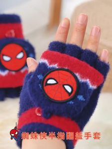 Disney Disney Boys Half Finger Gloves Autumn Winter Warm Children Fingerless Flip Gloves Writing Spiderman Knitted Wool Boy