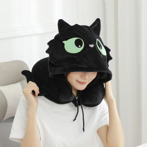 Cartoon Black Cat Hooded U-Shape Pillow Portable Travel Neck Pillow Student Nap Pillow Hooded Pillow Birthday Gift