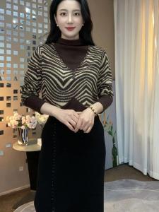 Fall and Winter New Arrival Half Turtleneck Patchwork Zebra Pattern Beaded Temperament Western Style Fashion Slimming Youthful-Looking Long Sleeves Bottoming Shirt