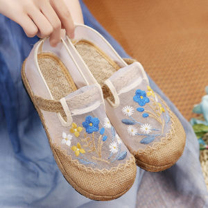 Summer Mesh Sandals Breathable the Han-Style Clothing Shoes Womens Chinese Ancient Style Elegant Ethnic Style Embroidered Shoes Flats Old Beijing Cloth Shoes