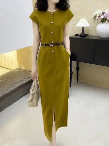Olive Green Long Dress Womens Elegant Slimming Waist Design Summer New Style French Style High Quality Unique Beautiful Dress